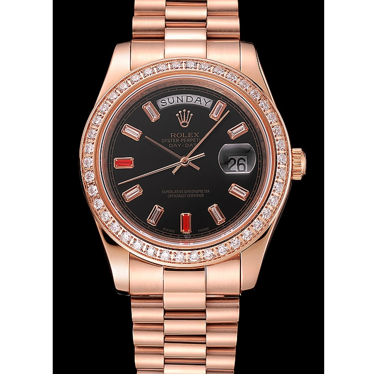 Aaa replica Diamonds Rolex Gold Dial 1454102 Bracelet And Rose Black Day-Date Rubies Swiss 0528